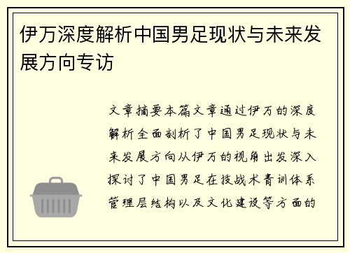 伊万深度解析中国男足现状与未来发展方向专访 伊万深度解析中国男足现状与未来发展方向专访