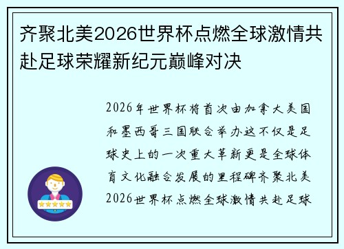 齐聚北美2026世界杯点燃全球激情共赴足球荣耀新纪元巅峰对决