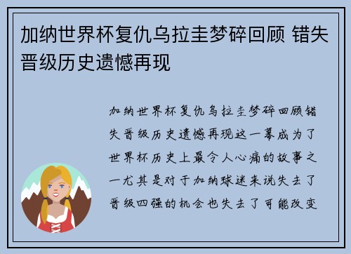 加纳世界杯复仇乌拉圭梦碎回顾 错失晋级历史遗憾再现